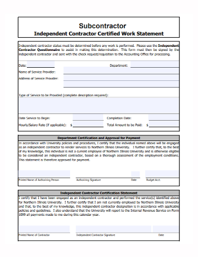 independent subcontractor work statement