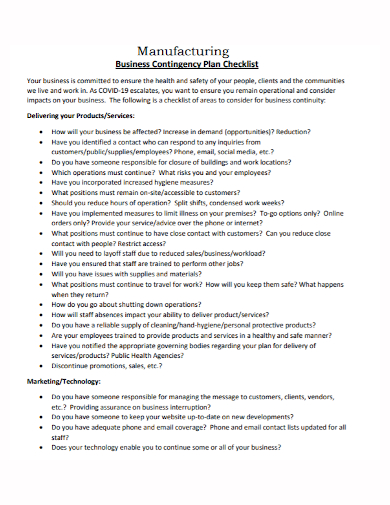 manufacturing business contingency plan checklist