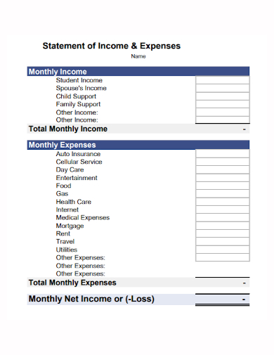 monthly income and expense statement