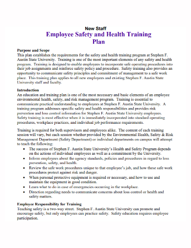 new staff safety and health training plan