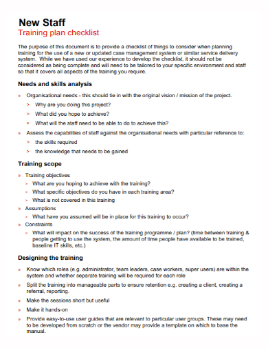 new staff training plan checklist