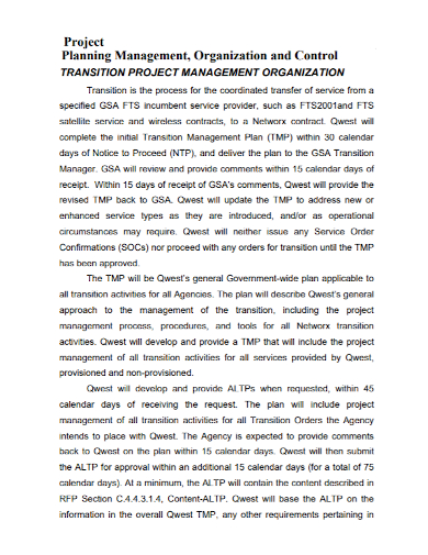 organization project transition control plan