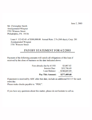 FREE 10  Payoff Statement Samples in PDF DOC