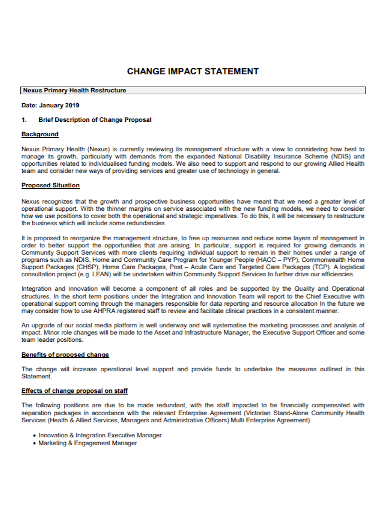 primary health change impact statement