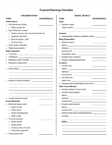 professional funeral planning checklist