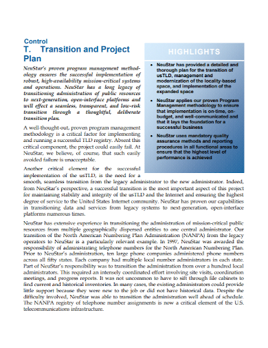 project management transition control plan