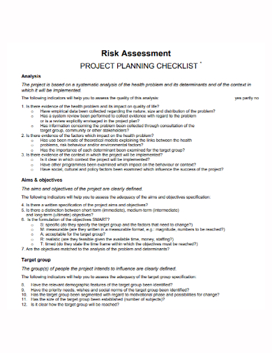 project planning analysis risk assessment checklist