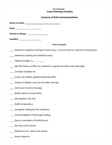 restaurant communication event planning checklist