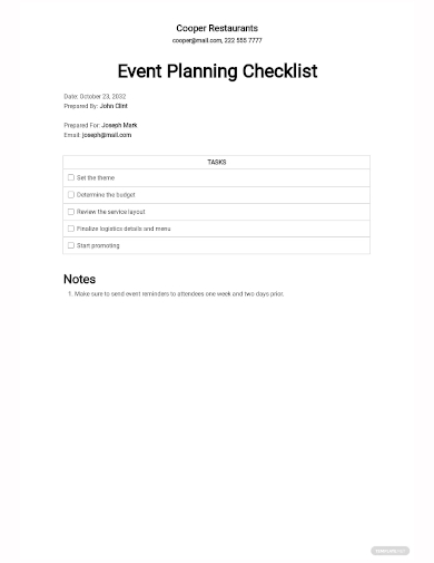 restaurant event planning checklist template