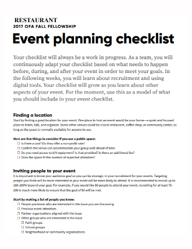 restaurant fellowship event planning checklist