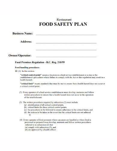 restaurant food safety business plan
