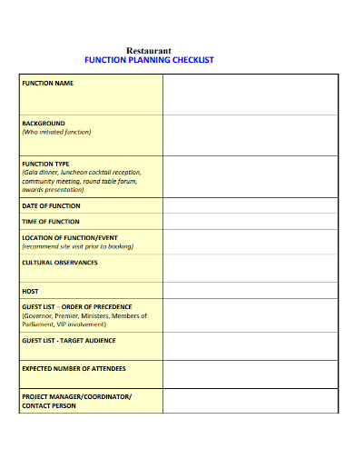 restaurant function event planning checklist