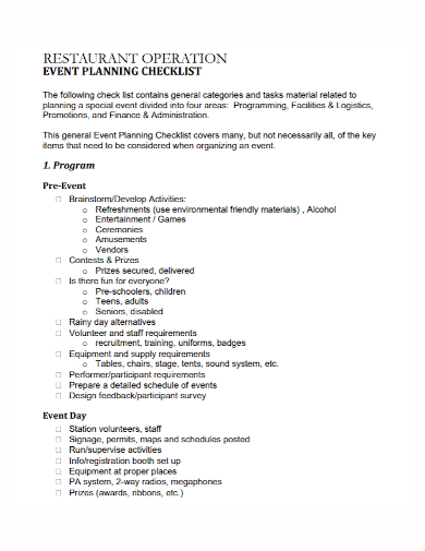 restaurant operation event planning checklist