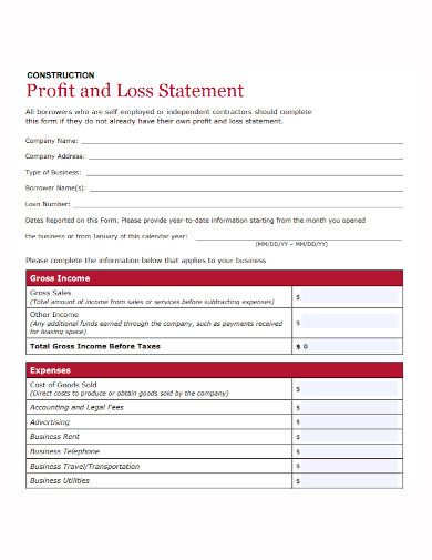 sample construction profit and loss statement