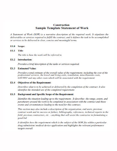 sample construction statement of work