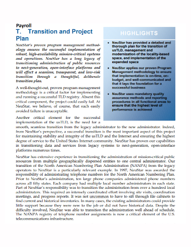 sample payroll transition project plan