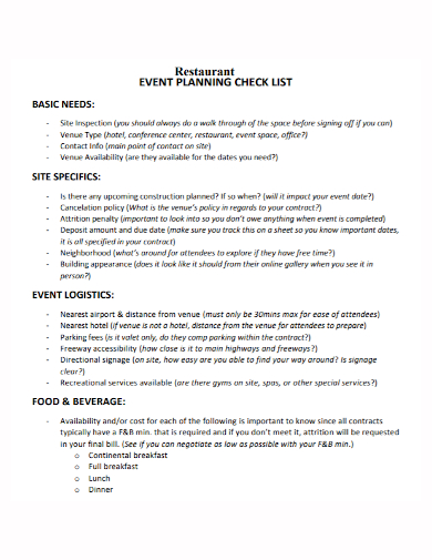 sample restaurant event planning checklist