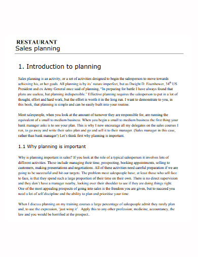 sample restaurant sales plan
