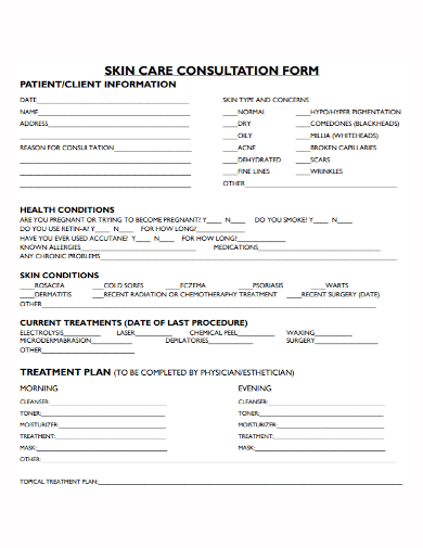 skin care treatment plan form