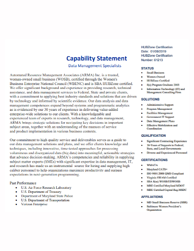 small business management capability statement
