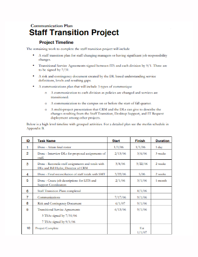 staff project transition communication plan