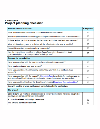standard construction project planning checklist