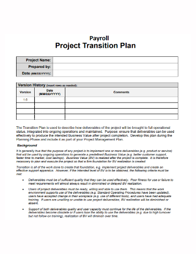 standard payroll transition project plan