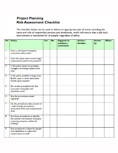 standard project planning risk assessment checklist