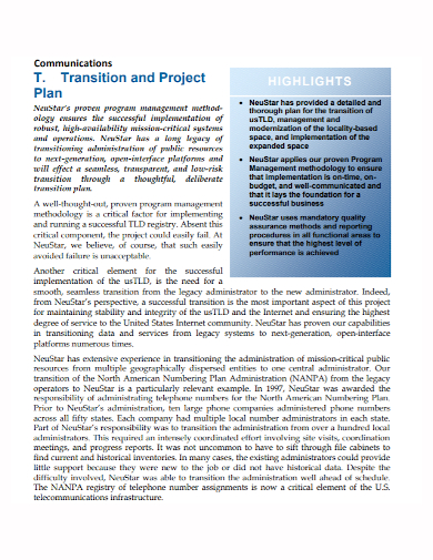 standard project transition communication plan