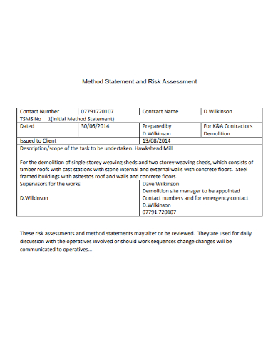 standard risk assessment method statement