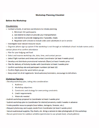 standard workshop planning checklist
