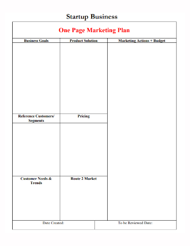 startup business one page marketing plan