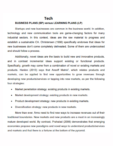 tech startup learning business plan