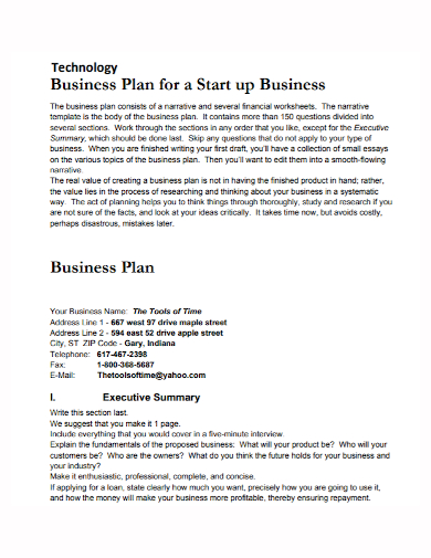 technology startup business plan summary