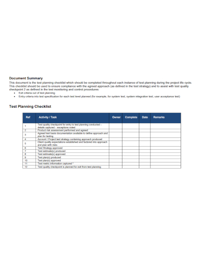 test plan checklist summary