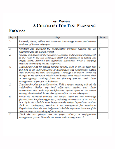 test plan process review checklist