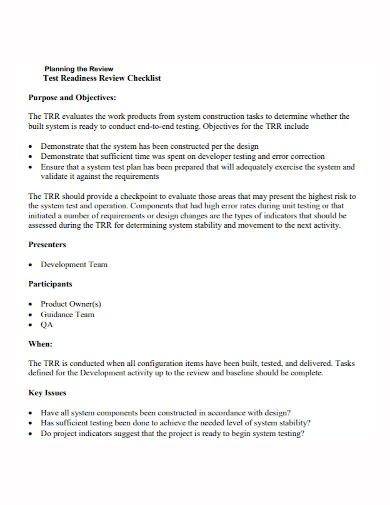 test plan readiness review checklist