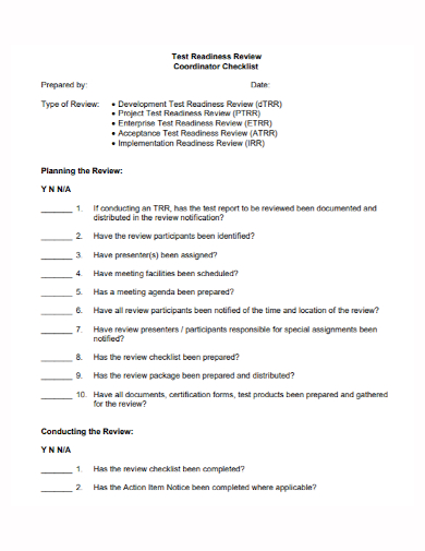 test plan review coordinator checklist