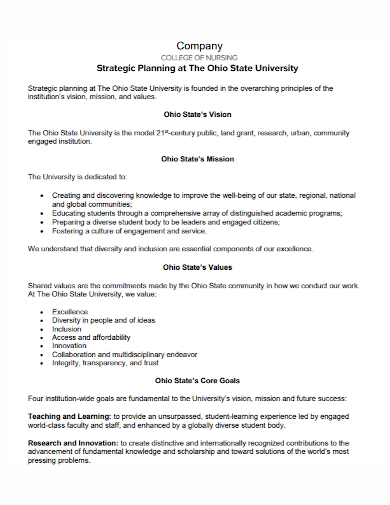 university nursing company strategic plan
