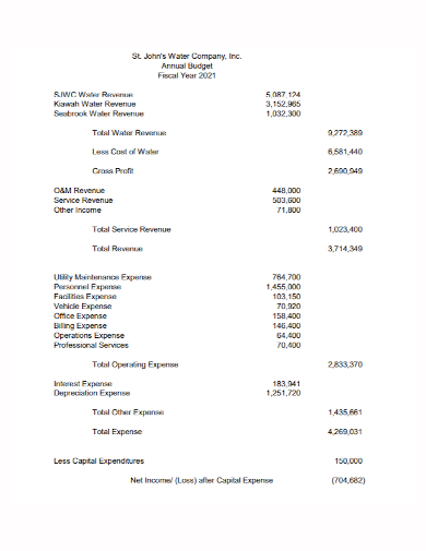 water company annual budget