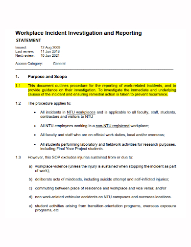 workplace incident investigation statement