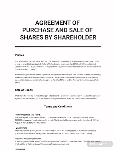 agreement of purchase and sale of shares by shareholder