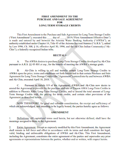 amendment to purchase and sale agreement for long term storage credit