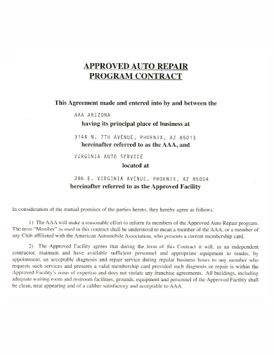 auto repair program contract agreement