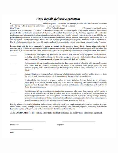 auto repair release agreement