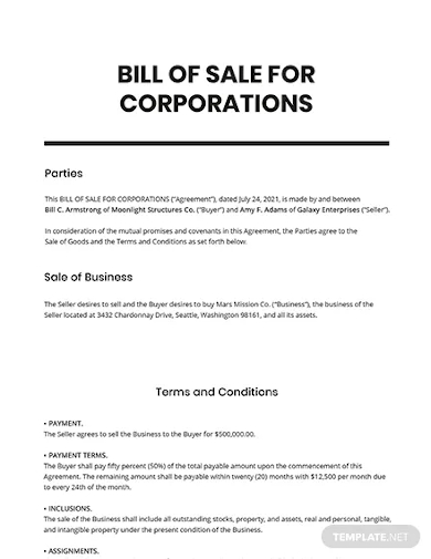 bill of sale for corporations template