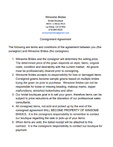 bridal boutique consignment agreement