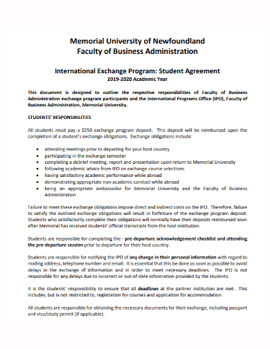 business administration student exchange agreement