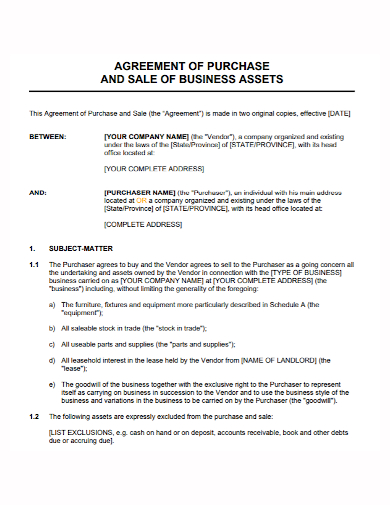 business asset purchase and sale agreement