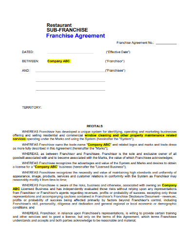 company restaurant sub franchise agreement